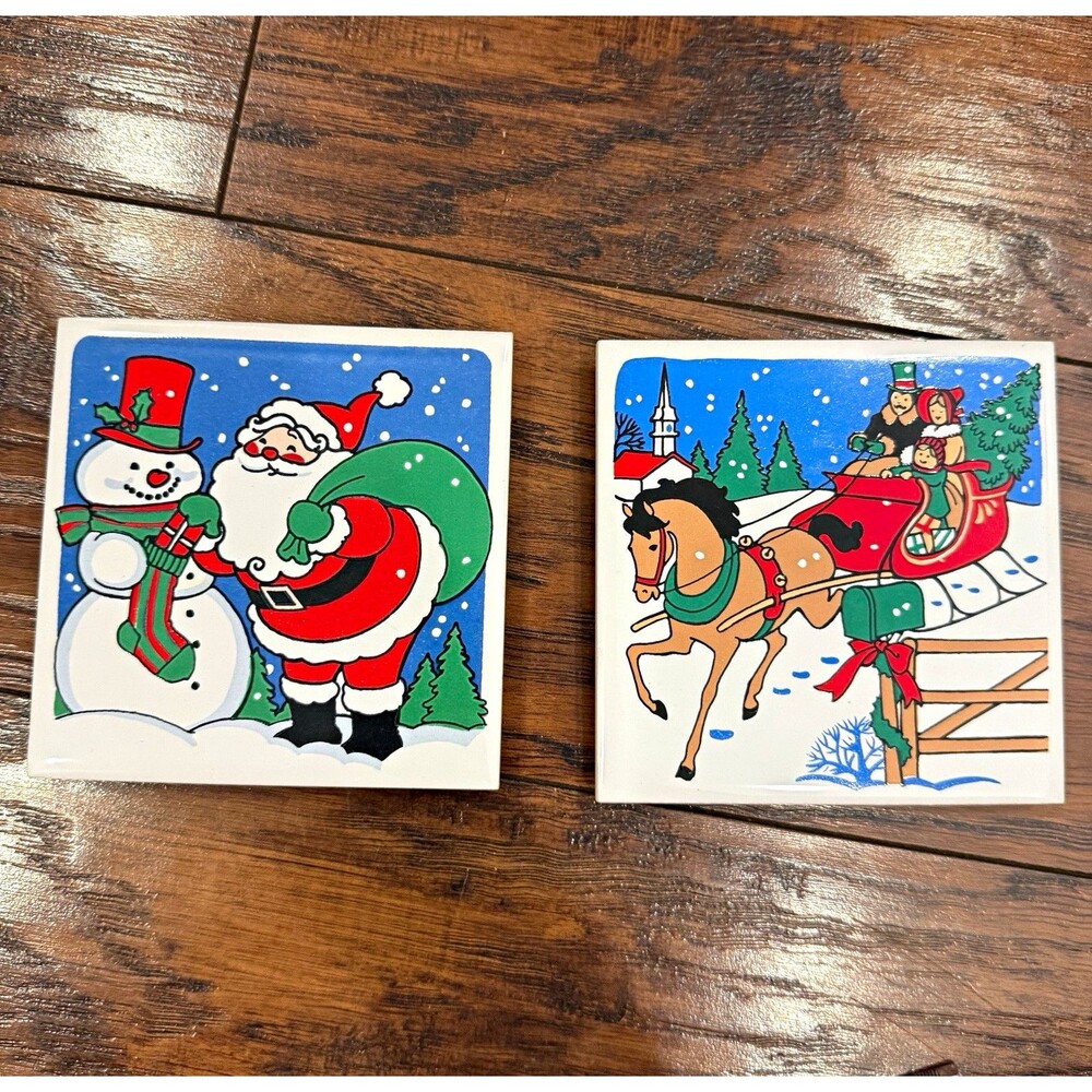 Vtg 2x JSNY 1982 Ceramic Hanging Tile Santa Claus Snowman Reindeer sleigh G3